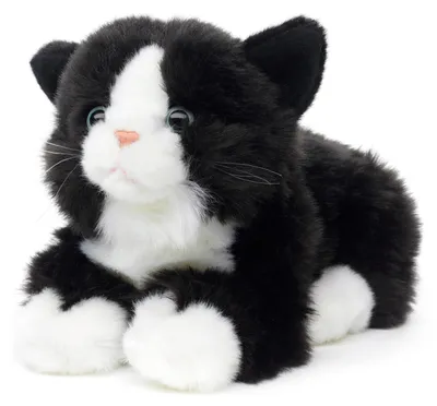 Produktbild von Uni-Toys - Katze schwarz-weiß, liegend - 20 cm (Länge) - Plüsch-Kätzchen - Plüschtier, Kuscheltier