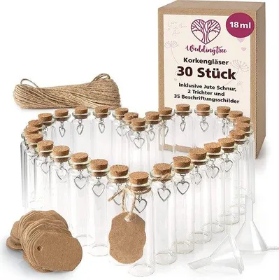 Produktbild von Unyqoos® Glas-Reagenzglas-Fläschchen mit Kork – 30er Set, 13–18 ml, 22×75 mm, Ø 12 mm Öffnung, Metallösen & Herzanhänger, 35 Kraft-Etiketten, 2 Trichter, 3 m Jutekordel