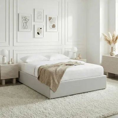 Produktbild von BLISS Futonbett 160x200 cm mit Bettkasten, Grau - Polsterbett inkl. Lattenrost ohne Kopfteil, Doppelbett in Leinenoptik gepolstert, Stauraumbett mit Gasdruckfeder, minimalistischer Skandi Stil