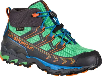 Wanderschuhe für Kinder; Modell "Ultra Raptor II Mid JR Gtx" von La Sportiva in grün und blau mit schwarzem Obermaterial.