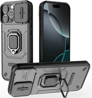 Immagine prodotto di Custodia per iPhone 16 Pro Max a doppio strato con protezione scorrevole per la fotocamera e supporto per l'anello, supporto nero