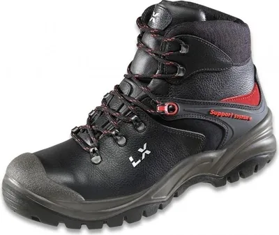 A black hiking boot with red accents and a grey sole, shown against a white background.