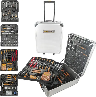 Produktbild von ANDIARBEIT® Werkzeugkoffer Trolley 1000-tlg., Aluminiumkoffer, ergonomische Griffe, 4 Ebenen - kompakt für vielseitige Heimwerkerarbeiten silber|AND-1