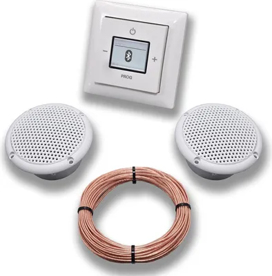 Produktbild von Busch Jäger Unterputz Bluetooth-Radio 8217U alpinweiß Komplett-Set Balance SI + 2 x Deckenlautsprecher (Feuchtraum/Badezimmer) Einbaulautsprecher + Radio + Abdeckung + Rahmen + 20 m Lautsprecherkabel