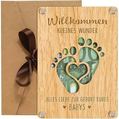 Produktbild von GKA Holz Geld Geschenkkarte zur Geburt Taufe - Willkommen kleines Wunder - Geldgeschenk Babyfüße Baby Glückwunschkarte Geld innenliegend