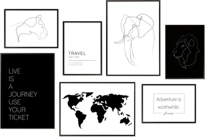 Produktbild von Hyggelig Home Premium Poster Set - 7 passende Bilder OHNE RAHMEN im stilvollen Set als Wohnzimmer Deko Wand Bild Schlafzimmer - 3 x DIN A3 + 4 x DIN A4 - Set Line Art Animals, Option:mit Rahmenset schwarz