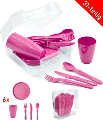 Produktbild von 31-teiliges Picknick-Set, Picknickkorb und Mehrweggeschirr für 6 Personen, idealer Picknickkoffer für Camping, Strand, Wohnmobil, und Rucksackreisen Pink