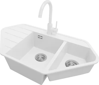 Produktbild von PRIMAGRAN Granitspüle Weiß 90x50cm, Eckspüle 1,5 Becken + Küchenarmatur 32x20cm + Ablauf-Set, Küchenspüle ab 80er Unterschrank - Kopenhagen Corner