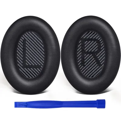 Two black ear pads with gray mesh inserts marked 'L' and 'R', and a blue plastic tool, are displayed against a white background.