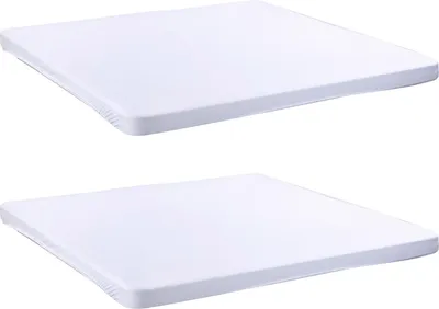 Two white square tablecloths are shown from a slightly elevated diagonal angle against a white background.