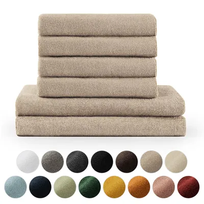 A stack of taupe towels and a row of colored circles representing different towel colors.