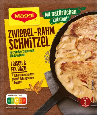 Produktbild von Maggi Fix für Zwiebel Rahm Schnitzel in cremig würziger Sauce 33g