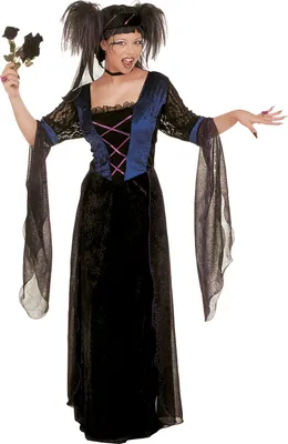 A woman wearing a gothic witch costume.