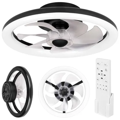 A collage of images showing a modern ceiling fan with integrated LED lighting, including a close-up of the fan, a separate fan component, and a remote control.
