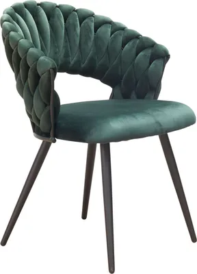 A green velvet chair with a braided back and black legs, isolated on a white background.