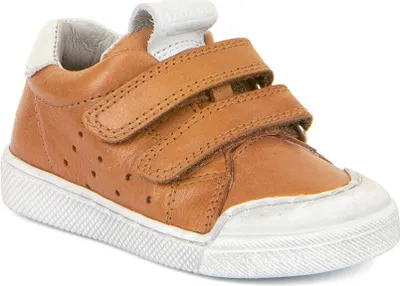 A single brown child's shoe with white accents and soles, shown from a side-angle against a white background.