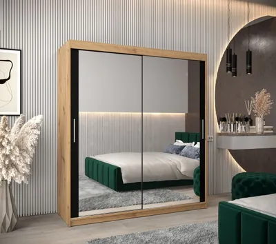 Produktbild von Schwebetürenschrank mit einer Breite von 180 cm TIMEA 3 – Eiche Artisan / Schwarz