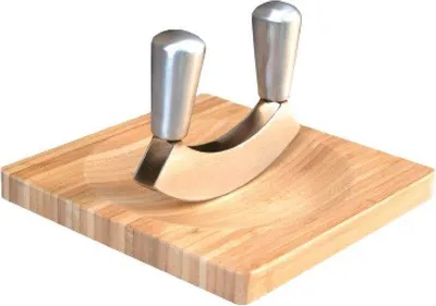 Produktbild von Famanu Kräutermesser mit Bambus Schneidebrett - doppelseitiges Kräutermesser, 20 x 20 x 2 cm