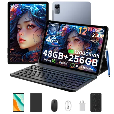 Obrázek produktu pro Tablet P12 Pro s Androidem 16, 12" 2,4K 120 Hz, 4G LTE, 48 GB (12 + 36) RAM + 256 GB ROM (2 TB TF), 12 000 mAh, T7300, Widevine L1, BT 5.4 – s klávesnicí, myší a stylusem