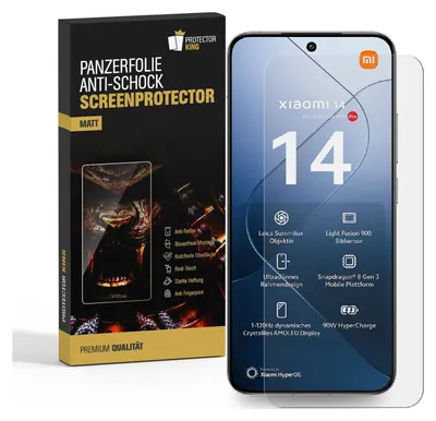 A product box and a smartphone screen protector for a Xiaomi 14 phone.