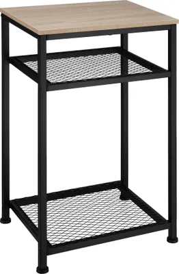 A product shot of a small side table with a wooden top and two metal mesh shelves.