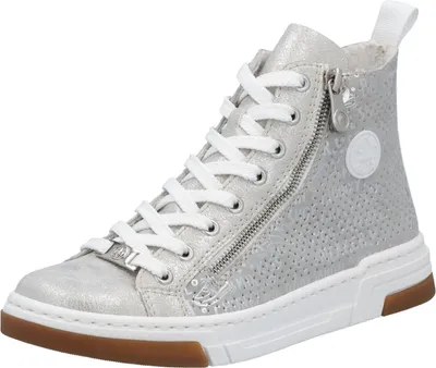 A single silver high-top sneaker is shown against a white background.
