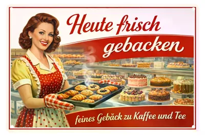 Produktbild von Blechschild 20x30cm Heute frisch gebacken Retro Bäckerei Café Deko Metallschild Wanddeko für Bäckerei Konditorei und Küche AstraDesign