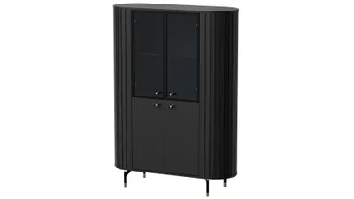 Produktbild von MINIO go for it, hohe Vitrine „ZAMA“ 155 / 112,3 / 40 cm, mit Glastüren, dekorative abgerundete Seiten, Schwarze Farbe