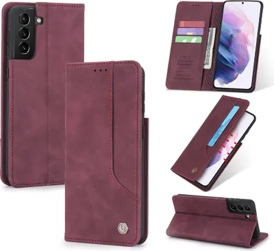 Produktbild von Galaxy S21 Ultra Hülle, LaimTop Retro Kunstledertasche Schutzhülle mit Kartenfach Standfunktion für Samsung Galaxy S21 Ultra 5G Rot