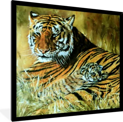 Produktbild von MuchoWow® Gerahmtes Poster Ölgemälde Tiger und ihr Junges 40x40 cm - Poster mit Schwarzem Bilderrahmen Wandposter Rahmen Foto Bilder - Mit Rahmen - Wanddekoration Schlafzimmer