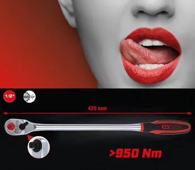 A marketing image showing a ratchet and a close-up of a woman's mouth with red lipstick and her tongue out.