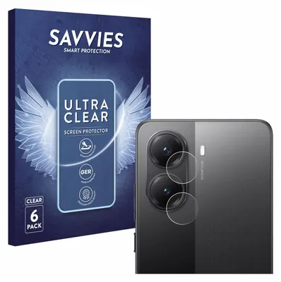 A product shot featuring packaging for screen protectors and a close-up of a smartphone camera module with the protectors applied.