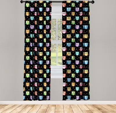 Produktbild von ABAKUHAUS Eulen Vorhänge, Gardinen, Bunte Vögel mit verschiedenen Ausdrucken Lustige verwirrte ernsthafte Charakter-Punkte, 2 Stück 75 x 175 cm, , Mehrfarbig Schwarz