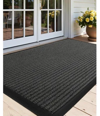 Image de Paillasson d'extérieur, résistant aux intempéries, gris, rayé, 80x120 cm, tapis anti-saleté pour porte d'entrée, antidérapant