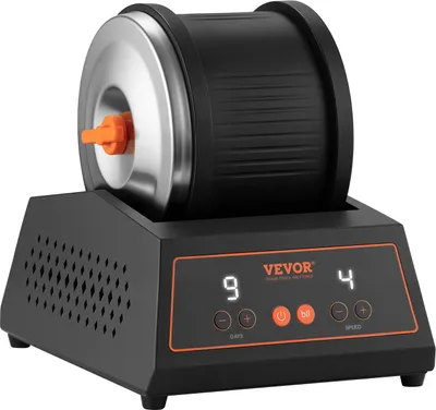 A VEVOR electric polishing machine for stones is shown on a white background. The machine has a black drum and a silver lid with an orange handle. The base is black with an orange control panel displaying digital numbers and buttons.