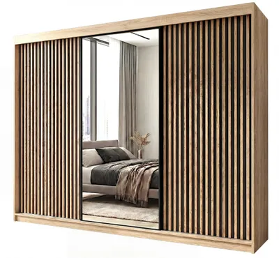 A wardrobe with mirrored doors and wooden slats.