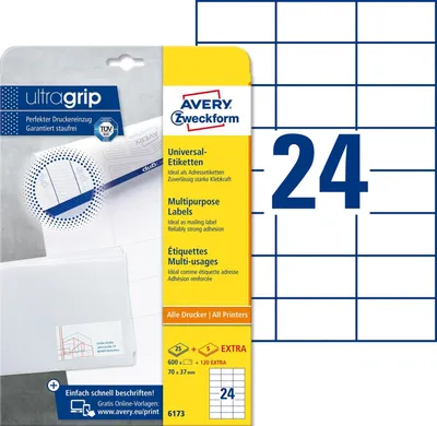 Produktbild von Universal-Etiketten ultragrip 70x37 mm VE=30x720 Etiketten / 30 Bogen weiß