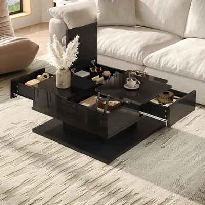 Produktbild von MODFU Hochglanz-Couchtisch mit höhenverstellbarer Tischplatte, Wohnzimmertisch mit großem Stauraum und 2 Schubladen, Sofatisch mit LED-Beleuchtung, Kaffeetisch Schwarz