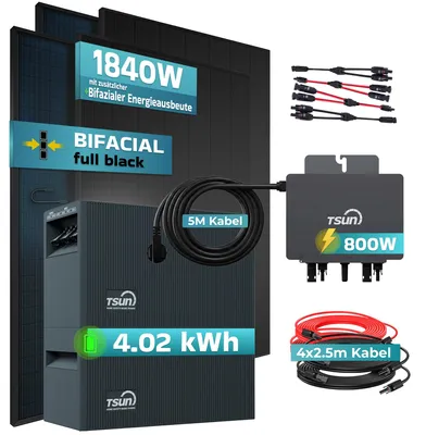 Produktbild von SUNNIVA® 1840W Balkonkraftwerk mit 4,02 kWh Speicher TSUN SOLARCAN TSOL-DCU2000Lite, 4x 460W BIFAZIAL FULLBLACK komplett Steckdose, Solarspeicher