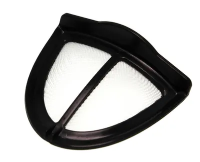A black coffee filter with a mesh screen, isolated on a white background.