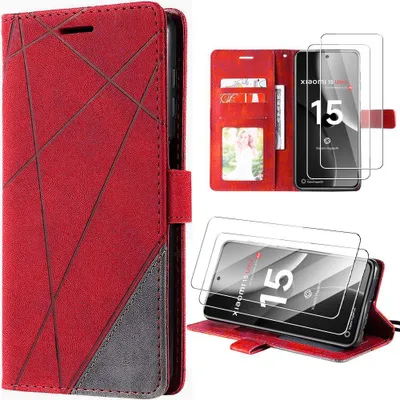 Image de Coque + 2 Verres Trempés pour Xiaomi 15 Ultra, Protection Intégrale Anti-Rayures Antichoc Synthécuir Rouge