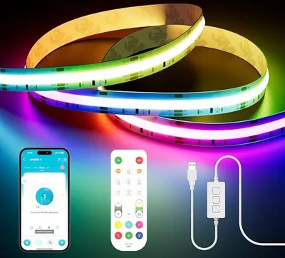 Immagine prodotto di Pautix USB RGB Smart IC COB Striscia LED 3 M 5 V, 1800 LED Striscia cambiacolore indirizzabile a Pixel, funziona con Alexa/Google Assistant, telecomando RF