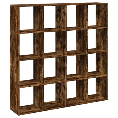 A wooden bookshelf with multiple compartments against a white background.