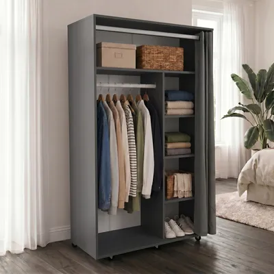 Produktbild von VCM Kleiderschrank auf Rollen H. 175 x B. 101 x T. 51 cm mit Kleiderstangen, Regalfächern & Vorhang, mobiler Garderobenschrank - Ostila