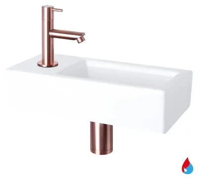 Produktbild von Differnz Helios Handwaschbecken-Set - Waschbecken für kleines Gäste-WC - Keramik Weiß - Warm-/Kaltwasserarmatur Rotkupfer links - Kratzfest - Always-Open-Stopfen - 37,5 x 18,5 x 9 cm