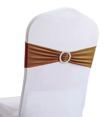 Image de Housses de chaise élastiques avec boucle - Décoration de chaise pour événements - Marron - 13 x 35 cm - Lot de 5 pièces