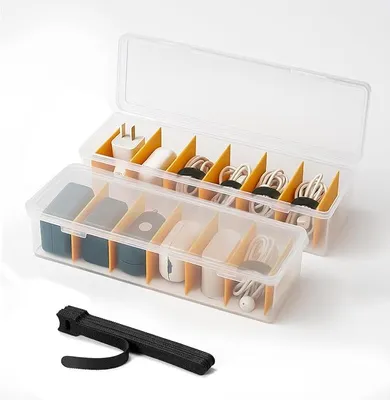 Produktbild von PolkaHome® Kabelbox mit 16 Kabelbindern, Transparente Aufbewahrungsbox mit 7 Trennwänden für Kabel, Ladegeräte, Büro & Zuhause
