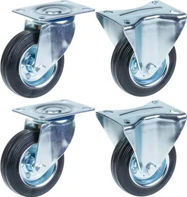 Obrázek produktu pro 100mm 4" kolečka s gumovou pneumatikou, otočná a pevná, silná nosnost 360 kg, sada 4 kusů