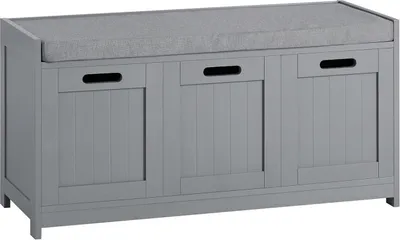 Zdjęcie produktu dla SoBuy Nowoczesna ławka na buty z poduszką do siedzenia 2 kosze - Jasnoszary - (szer. x dł. x wys.) 90x35x45cm