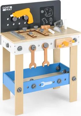 Produktbild von GOPLUS Werkzeugbank Kinder, Spielwerkbank mit Werkzeugregal & Tafel, 36-teiliges Werkzeugset, Kinderwerkbank aus Holz für Kinder ab 3 Jahren
